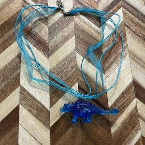 Blue Crystal embellished Dinosaur Necklace on organza ribbon cord
